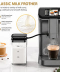 Fully Automatic Espresso Machine With Built In Grinder And Bright Lcd Touchscreen Delivers Smooth Sips That Hit Different Daily With A Double Boiler And Auto Milk Frother For Zero Sweat Brewing showcasing milk frother and coffee.
