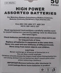 High Power Assorted Alkaline Button Cell Batteries 1.5V Coin Cells For Watches Calculators Toys And Home Electronics 50 Pack packaging with details.