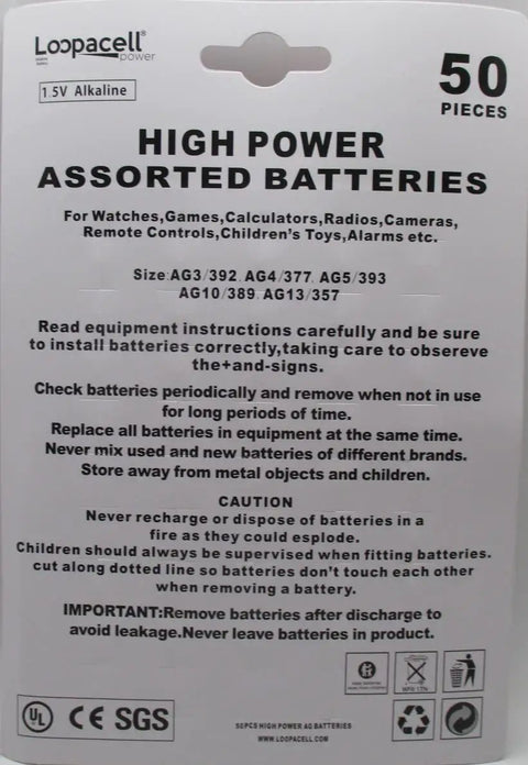 High Power Assorted Alkaline Button Cell Batteries 1.5V Coin Cells For Watches Calculators Toys And Home Electronics 50 Pack packaging with details.