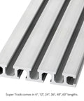 Top Tier Heavy Duty Aluminum T Track Rail 48 Inches Long for Woodworking Jigs, shown in four aluminum tracks with grooves.