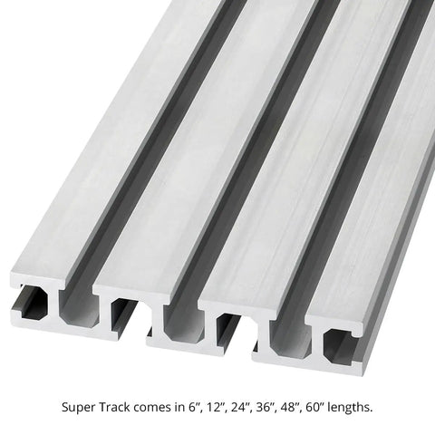 Top Tier Heavy Duty Aluminum T Track Rail 48 Inches Long for Woodworking Jigs, shown in four aluminum tracks with grooves.
