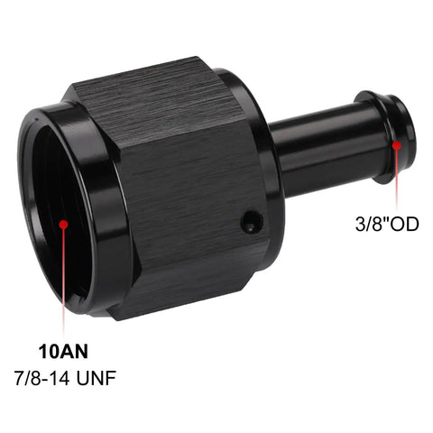 AN10 Female To Three Eighths Inch Barb Hose Fitting Adapter Straight Swivel 6061 T6 Billet Aluminum Black With Anodized Finish Rugged Beefy Durable Heavy Duty Anti Corrosion For Automotive Fuel Oil And Water Lines, 10AN 7/8-14 UNF to 3/8 OD