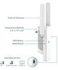 AC1200 WiFi Extender For Home With OneMesh, Dual Band Boost, 1.2Gbps Speeds, covers 1500 Sq Ft, showing ports and buttons