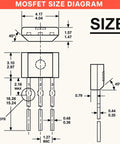 MOSFET size diagram showing dimensions for electronic components, labeled with measurements for accurate circuit integration.