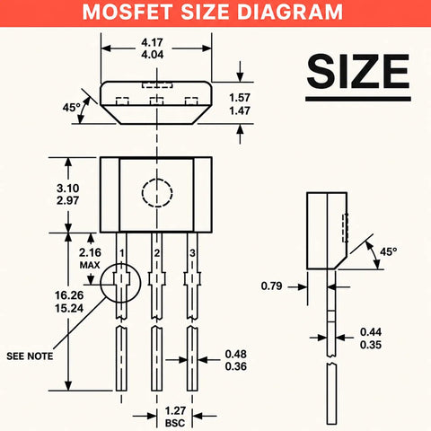 MOSFET size diagram showing dimensions for electronic components, labeled with measurements for accurate circuit integration.
