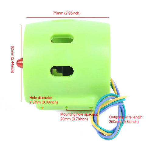 Green 12V-24V 15A Brushless Underwater Thruster with dimensions and wires shown, for RC Boats and ROVs.