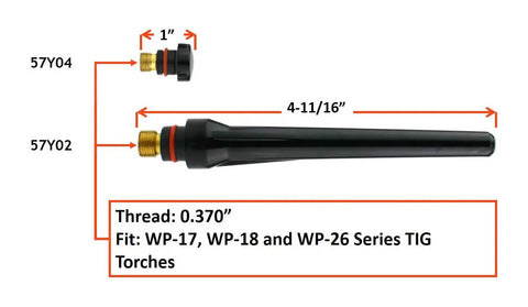 Pro Grade TIG Torch Consumables Kit With Gas Lens Setup For 17 18 26 Series, image of torch parts 57Y04 and 57Y02 with dimensions