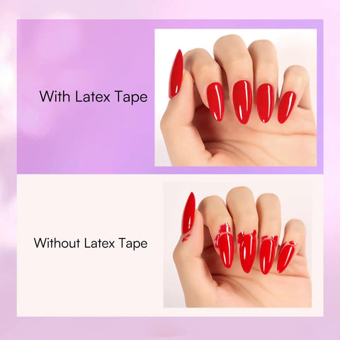 Before and after using Liquid Latex Nail Barrier Peel Off for Clean Edges and Quick Dry Cuticle Guard, red nail polish applied.
