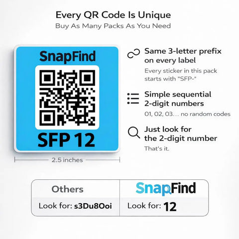 AI Auto Tagged QR Code Labels For Storage Bins And Moving Containers, 48 Color Coded Stickers; SnapFind app details shown