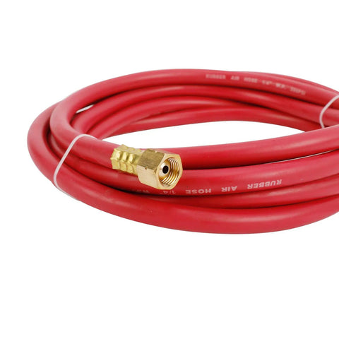 Red pro grade hose from Five Piece Air Acetylene Welding Kit With Swirl Torch, CGA 200 Acetylene Regulator, brass fittings visible