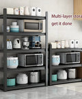 Flat Out Sturdy Heavy Duty Storage Shelf Rack Adjustable Multi Tier Metal Shelving Unit in kitchen with appliances and pots.