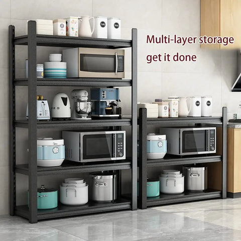 Top Shelf Heavy Duty Metal Storage Rack, Adjustable 3 To 5 Tier Baker Stand, Space Saving Organizer For Kitchen Or Garage With Hassle Free Setup featuring kitchen appliances and cookware.