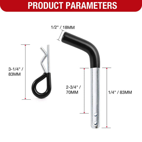 Half Inch Trailer Hitch Pin With Black Vinyl-Coated Grip And R Clip, Fits 1-1/4 Inch Receivers, Includes Two Mounting Holes For Adjustable Lengths.
