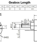Diagram of Rock Solid 37Mm Worm Gear Motor Speed Reducer dimensions with detailed gearbox measurements and ratios.