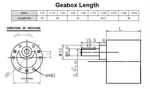 Diagram of Rock Solid 37Mm Worm Gear Motor Speed Reducer dimensions with detailed gearbox measurements and ratios.