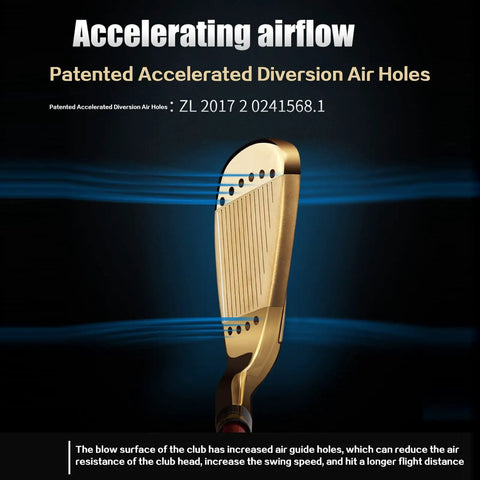 Pro Grade Mens Golf Iron Set Featuring Heavy Duty Stainless Heads And Responsive Carbon Shafts Built For Explosive Distance, showcasing unique air holes.