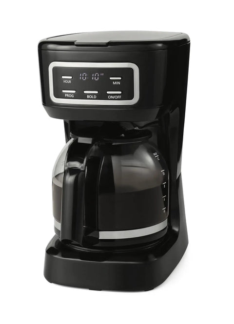 Sleek Black 12 Cup Programmable Drip Coffee Maker With Bold Brew Control Auto Timer Programmable Led Display and Heat Resistant Glass Carafe