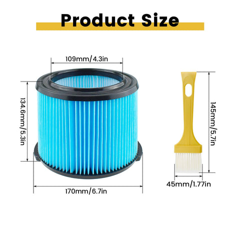 VF3500 Replacement Filter For Ridgid 3 To 4.5 Gallon Wet Dry Vacuums With Cleaning Brush, dimensions labeled in millimeters and inches