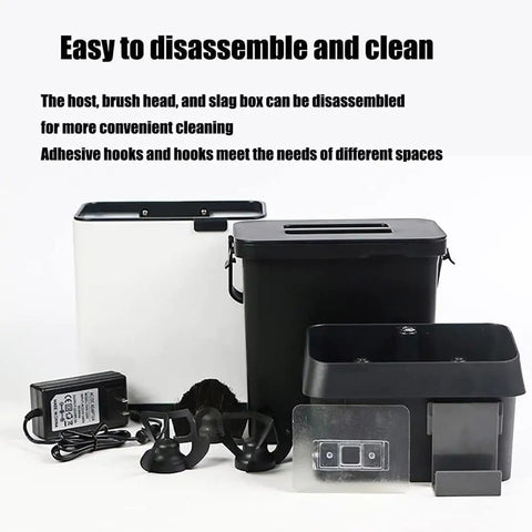 Badass Electric Portafilter Cleaner Knock Box With 150W Motor And Stainless Steel Body For No Sweat Coffee Ground Disposal Including Quick Scraper Tool disassembled parts including brush head and removable container.