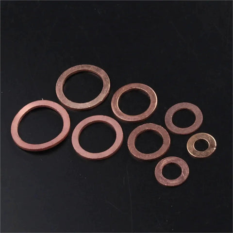 Pro Flat Copper Washers 120 Solid Seals M6 M20 Heat Proof Set Fits All Car Boat Sump Plugs Anti Leak Hardware Fixes Rides And Homes Stops All Leaks Daily Projects Like A Boss With Strong Quality Built Tough For Your Ride. Flat copper washer sizes on black background