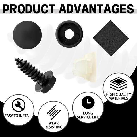 Universal License Plate Screws Set In Premium Stainless Steel Self Tapping Bolts For Cars Trucks And SUVs No Wobble Rattle Free Mounting Hardware Anti Rust For Secure License Plates And Hood Mounting, showing components and advantages of high quality materials, easy installation, wear resistance, and long service life.