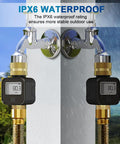 Solid Brass Flow Meter With Real Time Flow Rate Last Time Water Volume Gallons And Liters Average Daily Flow And Total Flow Built Tough For RV Tanks Garden Hoses Lawn Sprinklers And Nozzle Sprayers. IPX6 waterproof brass flow meter on hose fitting, outdoor use