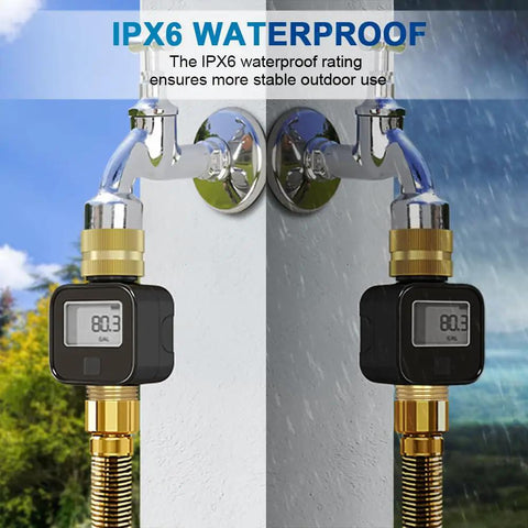 Solid Brass Flow Meter With Real Time Flow Rate Last Time Water Volume Gallons And Liters Average Daily Flow And Total Flow Built Tough For RV Tanks Garden Hoses Lawn Sprinklers And Nozzle Sprayers. IPX6 waterproof brass flow meter on hose fitting, outdoor use