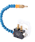 Super Handy Mist Coolant Sprayer For Your Cnc Lathe Engraving Machine And Milling Tasks Featuring Adjustable Air Spread and Spray Mist Volume. Compact design with flexible blue tubing and knobs for air control.
