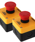 Front view of 2 Pack Emergency Stop Push Button Switch 10A 660V IP65 Waterproof Box With PG13.5 Black Connectors 1NO 1NC Latching
