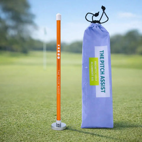 Magnetic Golf Alignment Rods for Instant Swing Feedback with case, visualizing lie angles with Pro Grade Face Pointer on grass.