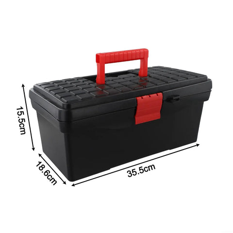 14-Inch Rugged Plastic Tool Box With Snap Lock Buckle Top, compact black design, high impact polypropylene, ideal for home repairs.