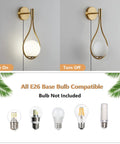 Teardrop Glass Globe Wall Sconce Plug In Two Pack In Brushed Gold Finish Mid Century Modern Design turned on and off view; bulb options displayed
