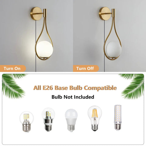 Teardrop Glass Globe Wall Sconce Plug In Two Pack In Brushed Gold Finish Mid Century Modern Design turned on and off view; bulb options displayed