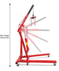Folding Hydraulic Engine Hoist Two Ton Capacity With Quick Lever Operation And Six Iron Caster Wheels Red shown at max height of 254cm/100".