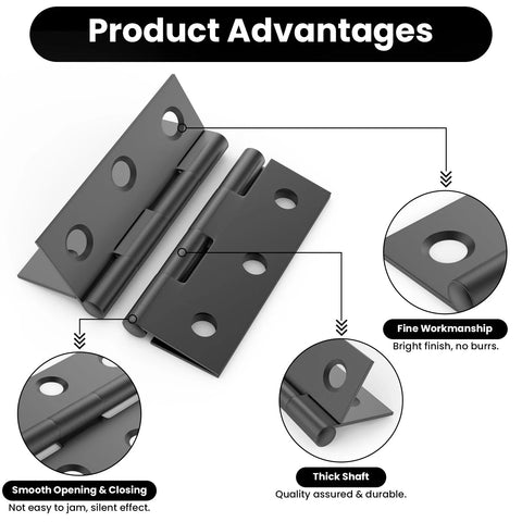 Two black 2-inch door hinges with screw holes, showing hinge pins and close-up pivot details.