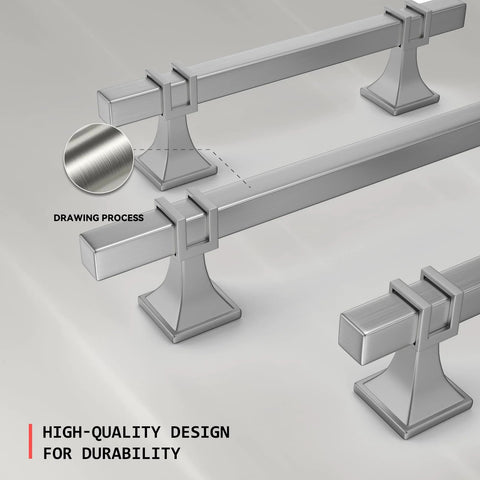 Close-up of Ten Pack Brushed Nickel Cabinet Pulls Center To Center 128mm 7.5 Inch Overall Length 192mm, featuring drawing process.