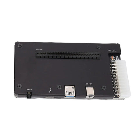 Make Your Laptop A Total Game Changer With This Tough Aluminum Alloy Egpu Dock Pcie X16 Slot And Usb4 Cable For Absolutely Sick Desktop Graphics Power On Demand Today, top view of eGPU dock with PCIe slot and connectors.