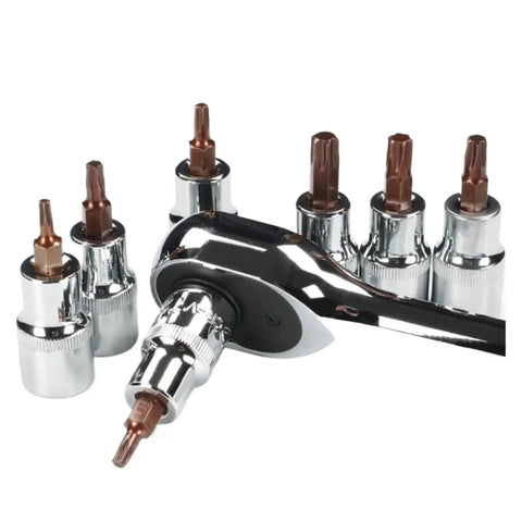Heavy Duty 1/2 Inch Torx Bit Socket Set With Massive Grip Power For Tough Jobs And Rusty Bolts That Stick Tight, Perfect Sturdy Tools To Save Your Time And Effort On Any Drilling Or Impact Project You Handle Today. 1/2-inch chrome vanadium steel torx sockets with ratchet