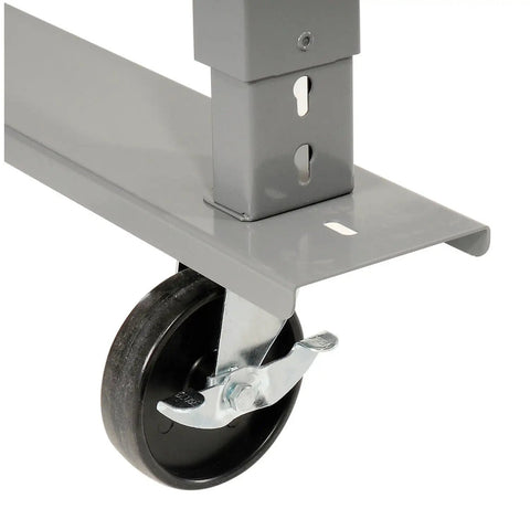 Close-up of heavy duty caster on a Mobile Adjustable Height Workbench With Maple Block Top, Sixty Inches Wide By Thirty Inches