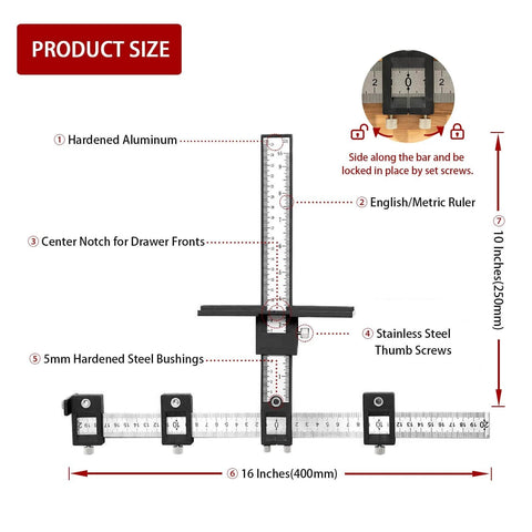 Aluminum Cabinet Hardware Jig Kit For Fast Precise Door Handle And Drawer Front Knob Installing Including Automatic Center Punch And Four Drill Bits For Quick Pro Grade Mounts with metric ruler, hardened aluminum, and steel bushings.