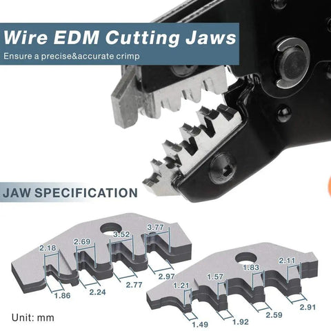 Close-up of wire EDM cutting jaws from Pro Grade Ratchet Crimp Tool For 0.08-1.0 Mm2 Wire, 18-28 AWG, precise jaw specification view.