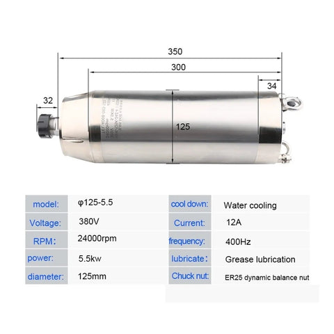 5.5KW ER25 CNC Water Cooled Spindle For Stone Milling, High Speed 800Hz, 4 Ceramic Ball Bearings, 125mm Tooling Diameter