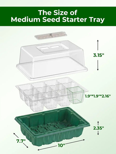 Seed Starter Kit With Heating Mat And 24 LED Full Spectrum Grow Lights, 3 Pack, Auto Cycle Timer, Humidity Dome, Ventilation Cover, Drainage Holes, Includes Gardening Tools, Green Version