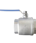 Side view of 4 Inch Full Port Ball Valve 316 Stainless Steel NPT Female Threads With Serviceable Design Built Tough Blue Vinyl Insulated Handle