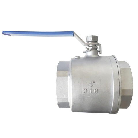 Side view of 4 Inch Full Port Ball Valve 316 Stainless Steel NPT Female Threads With Serviceable Design Built Tough Blue Vinyl Insulated Handle