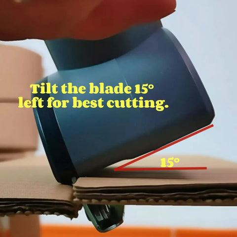 Tyimble Cordless Electric Scissors Heavy Duty Cardboard Cutter demonstrating blade tilt angle for optimal cutting.