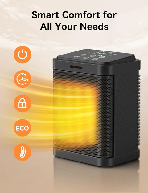 Hella Powerful 1500W PTC Ceramic Space Heater with 4 Modes and Quick Heat 24H Timer showing heat emission.