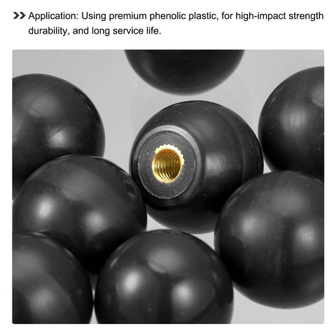 Close-up of 6Pcs M8 Threaded Ball Knobs With Copper Insert, 1.18 Inch Black Thermoset Ball Handles For Machine Tools