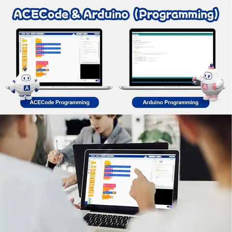 ESP8266 Spider Robot Building Kit user coding with ACECode and Arduino on laptop, showcasing programming interface and robots.