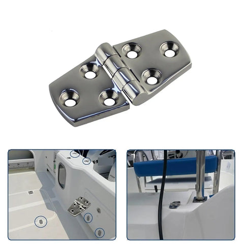 Rock Solid Heavy Duty Ball Bearing Door Hinges Smooth As Butter Mirror Polished Stainless Steel Hardware with six holes for mounting.